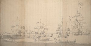 Un weyschuit tiré à terre dans un port bondé, c.1672