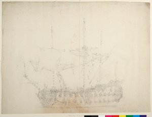 Un navire anglais de troisième rang de 60 canons vu de près sur l