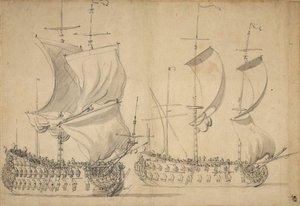 Un troisième et un quatrième rang anglais sous voile, vers 1677 - Willem van de the Elder Velde
