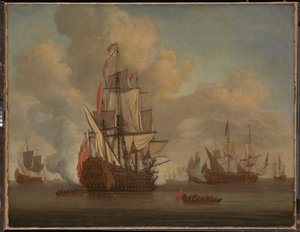 Calme : un deux-ponts anglais avec voiles lâchées tirant une salve - Willem van de the Elder Velde