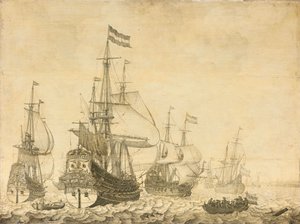 Paysage marin avec les hommes de guerre néerlandais