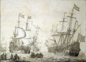 Deux navires marchands de la Compagnie néerlandaise des Indes orientales, quittant le rivage par vent calme - Willem van de the Elder Velde