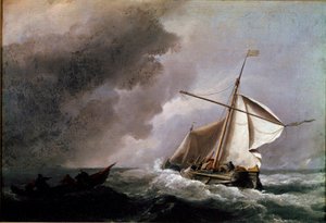 Navire hollandais abaissant les voiles en attendant un canot de sauvetage. Peinture de Willem Van de Velde le Jeune (1633-1707) vers 1660. Londres, National Gallery