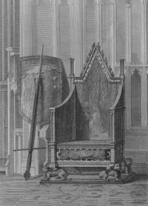 Le fauteuil de couronnement des souverains anglais, avec le bouclier et l