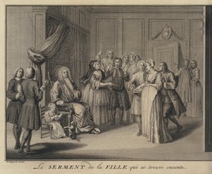 Une femme jurant un enfant à un citoyen grave (gravure) - William (after) Hogarth