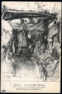 Première Guerre mondiale - Carte patriotique montrant un soldat dans une tranchée regardant la ligne de front, intitulée : 