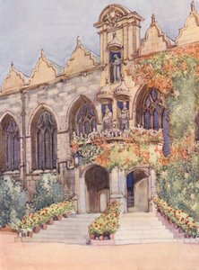 Entrée de la salle du Oriel College, montrant des statues de la Vierge et l