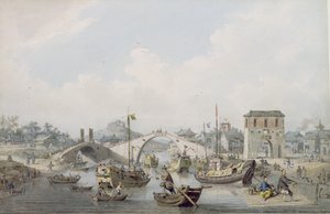 Bateaux sur la rivière à Suchow, Chine (aquarelle sur plomb noir)