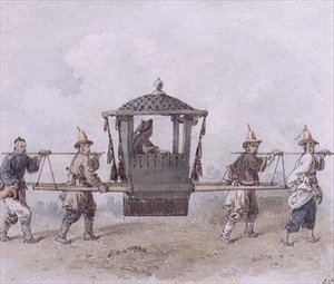 Serviteurs chinois portant un palanquin