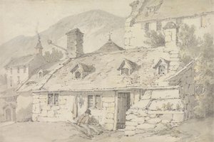 Cottages en pierre dans un paysage montagneux avec une figure au premier plan