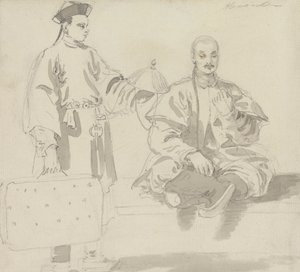Deux figures chinoises : Un vendeur de chapeaux et un homme assis en tailleur, fumant une pipe - William Alexander