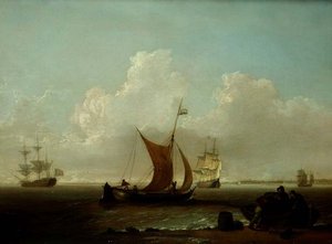 Navires hollandais au large des côtes de Hollande avec des pêcheurs chargeant un bateau à terre - William Anderson