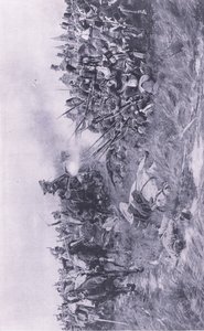 Le 28e régiment de Gloucester recevant la cavalerie française à Waterloo, 18 juin 1815 (illustration de British Battles on Land and Sea) - William Barnes Wollen