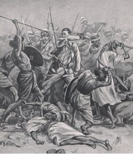 La place à Abu-Klea, 17 janvier 1885, illustration de British Battles on Land and Sea, 1915