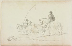 Deux hommes à cheval avec deux chevaux et un chien - William Beilby