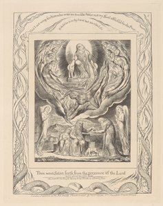 Livre de Job, Planche 5, Satan sortant de la Présence du Seigneur et la Charité de Job - William Blake