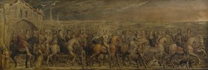 Sir Jeffrey Chaucer (c.1342-1400) et les vingt-neuf pèlerins en route pour Canterbury - William Blake
