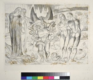 Le Cercle des Voleurs : Agnolo Brunelleschi attaqué par un serpent à six pieds. Enfer, Chant XXV, illustration de la Divine Comédie de Dante Alighieri - William Blake