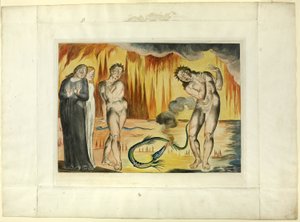 Le cercle des voleurs ; Buoso Donati attaqué par le serpent. Enfer, chant XXV - William Blake