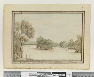 Opp. p. 120. `Vue dans la partie supérieure de Port Jackson; quand le poisson a été tiré.