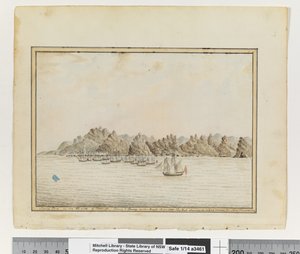 Santa Cruz sur le côté sud-est de Tenerife; Sirius et convoi dans les routes. Juin 1787. Le pic montrant dans un écart entre deux autres montagnes - William Bradley