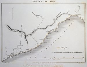 Carte des passages dans les Alpes Maritimes, route côtière entre Gênes et Nice