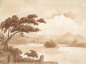 recto : Scène de paysage avec lac et montagnes