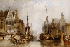 Maisons des Franc Bateliers et église Saint-Nicolas sur le canal à Gand, 1845 - William Callow