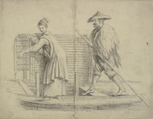 Scène chinoise. Homme et femme sur un bateau fluvial - William Chambers