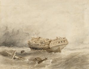 Un navire marchand déraille dans le calme après la tempête - William Clarkson Stanfield