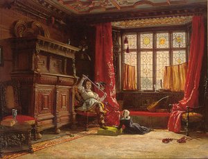 Un cavalier dans un intérieur sombre, un oiseau sur son épée, 1843 - William Collingwood