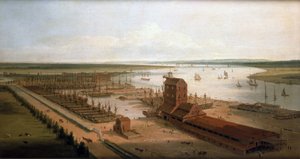 Les chantiers navals Perry (alors Green) sur les quais de Brunswick et le bâtiment Blackwall, une usine de mâts, le long de la Tamise (Angleterre)