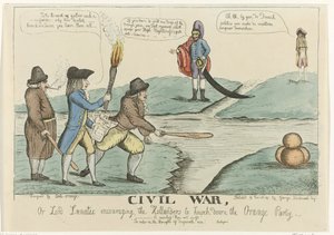 Caricature anglaise des troubles civils néerlandais, 1787 Civil war, or Lord Lunatic encouraging the Hollanders to Knock down the Orange Party (titre sur l