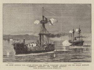 La guerre sud-américaine, action entre le navire-tourelle péruvien Huascar et les cuirassés chiliens Almirante Cochrane et Blanco Encalada - William Edward Atkins