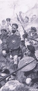 Les Highlanders à la bataille de Killiecrankie, illustration de British Battles on Land and Sea, 1915