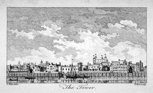 Vue sud de la Tour de Londres avec des bateaux sur la Tamise, 1761