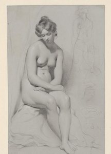 Modèle féminin nu assis avec une coiffure haute, esquissé à côté - William Etty