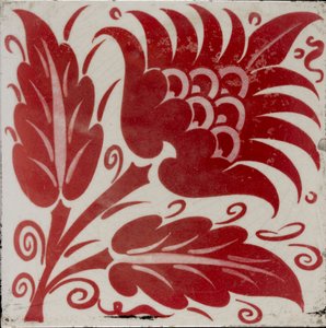 Carreau avec fleur stylisée avec deux feuilles et vrilles, 1882-1888