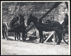 Photographie horizontale en noir et blanc de deux chariots tirés par des chevaux dans une carrière - William G. Swekosky