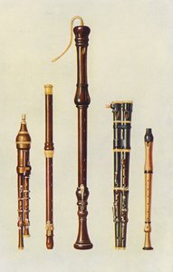 Instruments de musique : Deux flageolets doubles, une flûte allemande et deux flûtes douces (lithographie en couleur) - William Gibb