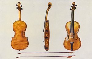 Instruments de musique : Violon, le Hellier Stradivarius, et deux anciens archets connus pour leur cannelure (lithographie en couleur) - William Gibb