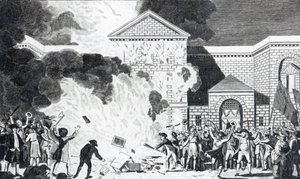 Les dévastations causées par les émeutiers de Londres incendiant la nouvelle prison de Newgate et brûlant les meubles de M. Akerman, 6 juin 1780, gravé par T. Thornton - William Hamilton