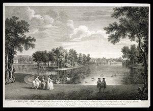 Vue du lac depuis la promenade centrale dans le jardin de West Wycombe, Buckinghamshire, gravé par William Woollett (1735-85)