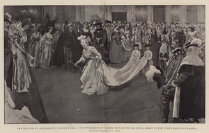 Le bal costumé de la duchesse de Devonshire, la procession des invités saluant le groupe royal dans le salon blanc et or, 1897 - William Hatherell