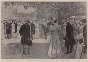 La garden-party de la reine au palais de Buckingham, le prince et la princesse de Galles recevant des présentations