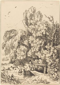 Paysage avec Arbres, Fille Traversant une Passerelle - William Havell