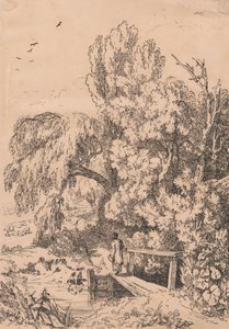 Paysage avec arbres, fille traversant une passerelle