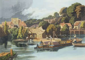 Château de Wallingford en 1810 pendant les réparations du pont, gravé par Robert Havell le Jeune, publié en 1818