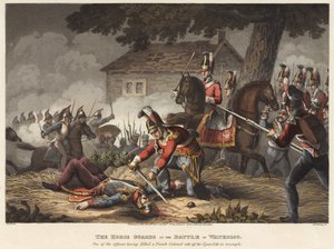 Les Horse Guards à la bataille de Waterloo, un des officiers ayant tué un colonel français coupe son épaulette en triomphe, gravé par M. Dubourg, 1819 - William Heath