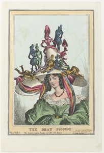 Femme avec un grand chapeau sur lequel sont assis des figures masculines
